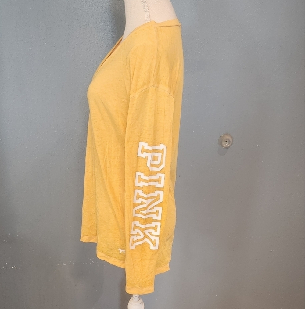 Victoria's Secret Pink Vneck Bright Yellow Long Sleeve Sheer Top Summer Neon